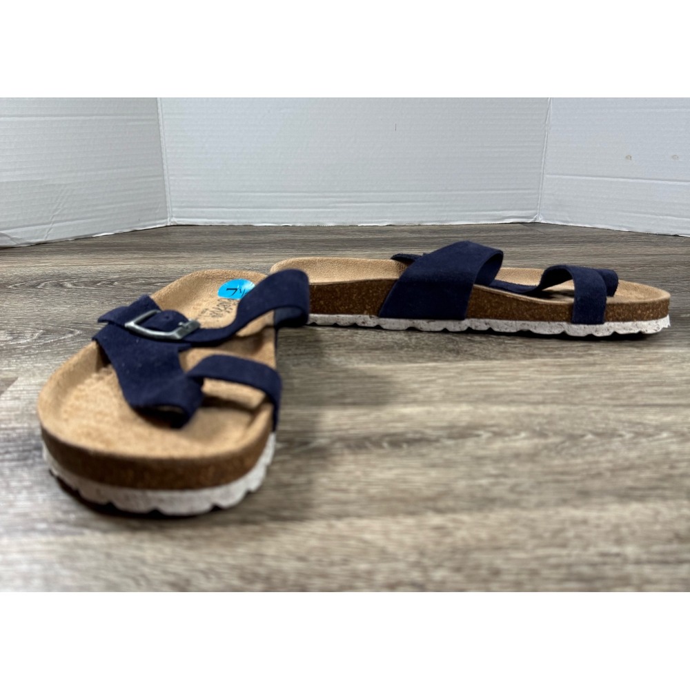BioStep Sandals Womens 7.5M Navy Blue‎ Leather Upper Buckle Strappy Preppy Slide